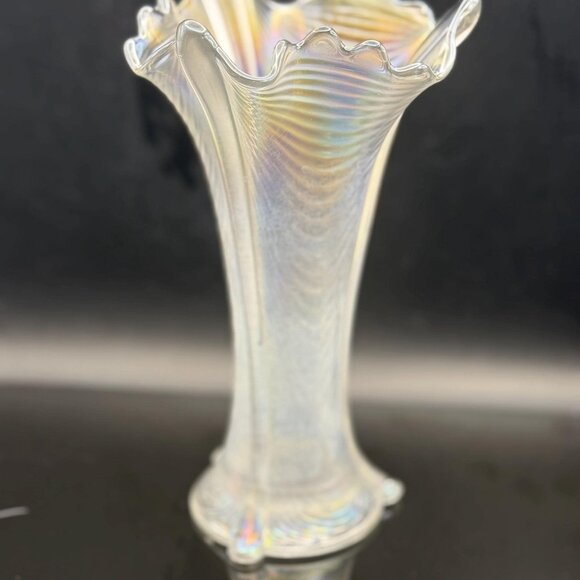 Antique Northwood Ice White Carnival Glass Drapery Swung Vase c. 1920s - Picture 3 of 14